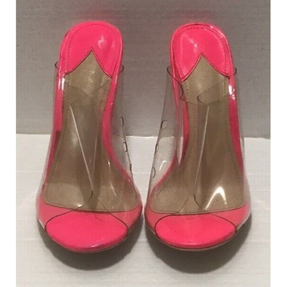 MACKIN J Transparent Open Toe Clear Pink Wedge Mule Sandals Size 8 - Picture 1 of 5
